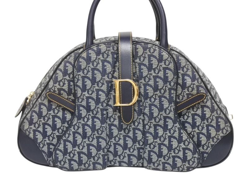 Dior Double Saddle Bag Trotter Canvas Leather Navy Gold — view 2