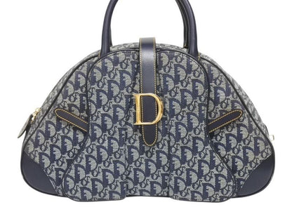 Dior Double Saddle Bag Trotter Canvas Leather Navy Gold — view 2