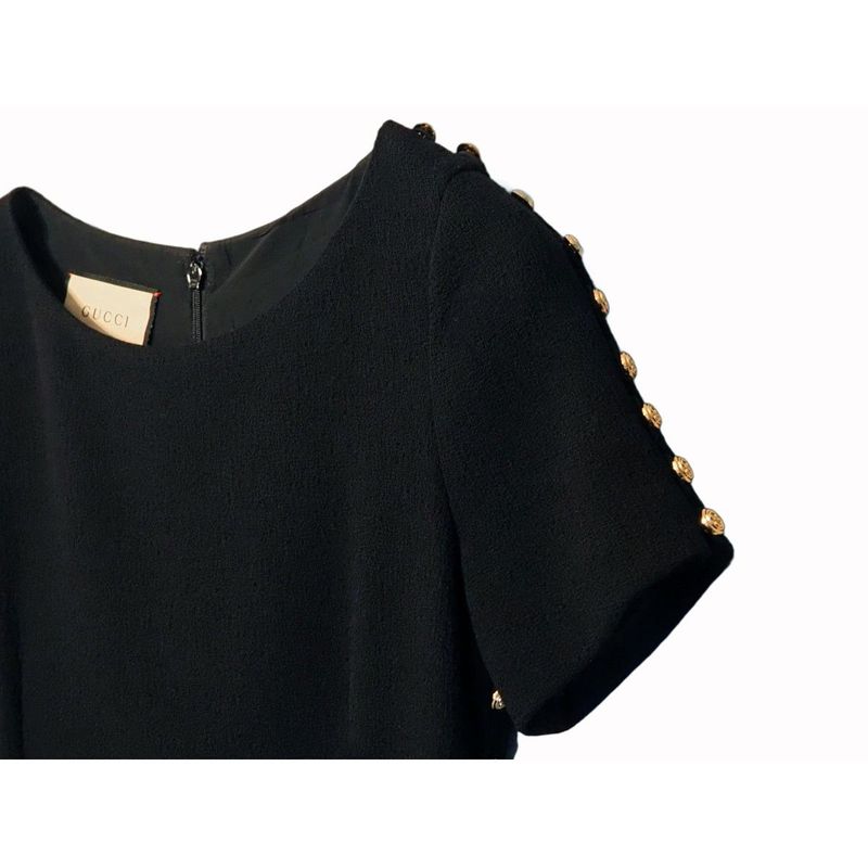 Gucci Wool Dress Short Sleeves Round Neck Slit Black Gold Tone GG Button #40