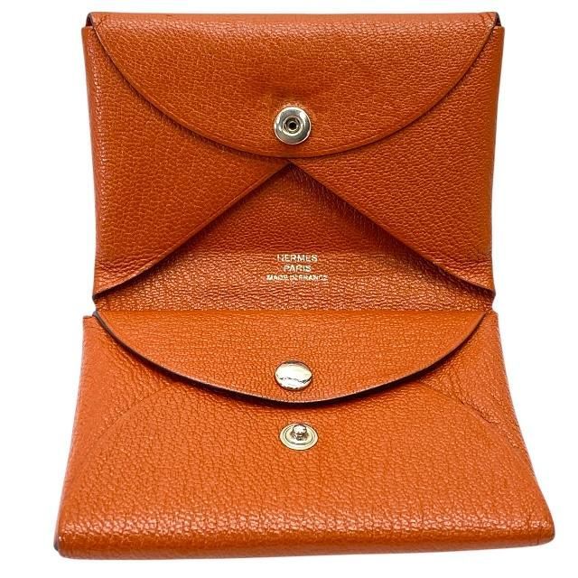 Hermes Calviduo Card Case Coin Case Pass Case Coin Purse Foldable Chevre Orange