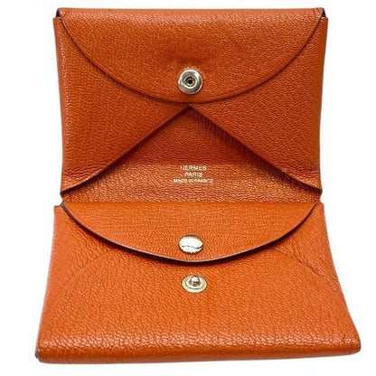 Hermes Calviduo Card Case Coin Case Pass Case Coin Purse Foldable Chevre Orange