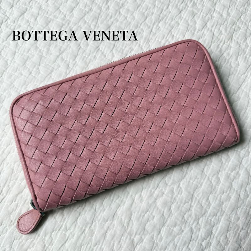 Bottega Veneta Intrecciato Round Zipper Long Wallet Leather Pink Ladies Luxury