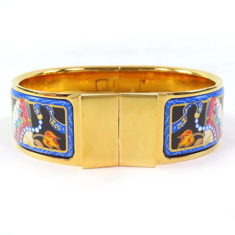 Hermes Roque Emile GM Fan Pattern Cloisonne Bangle Bracelet Accessory Gold