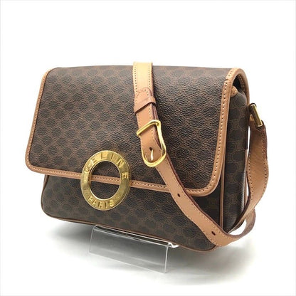 Celine Macadam Circle Logo Leather Gold Vintage Shoulder Bag Brown