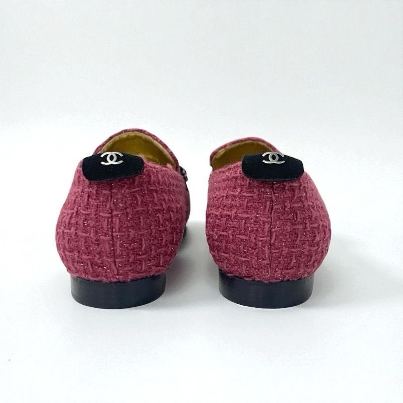 Chanel Flat Shoes Tweed Suede Pink Black Here Mark Chain Charm Opera Shoes