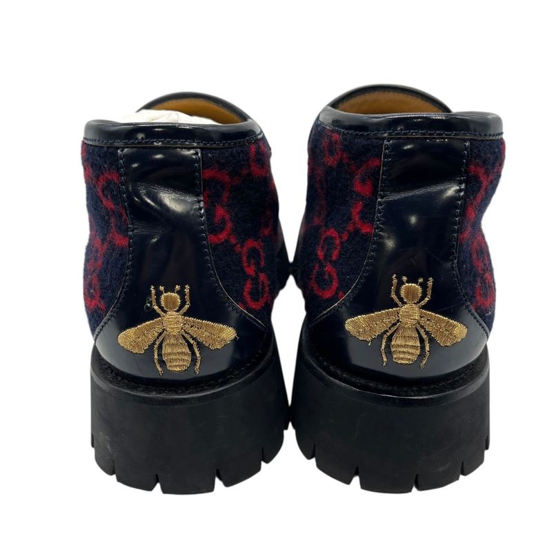 2704 Gucci Boots Wool Horsebit Loafers 6 1 2 598315 Navy Red GG Pattern Thick