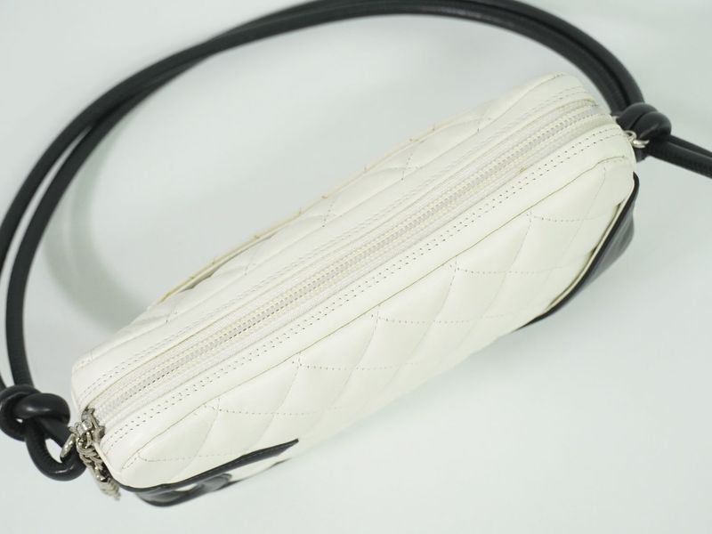 Authentic Chanel Coco Mark Cambon Line 2WAY Handbag Pouch Leather White Black