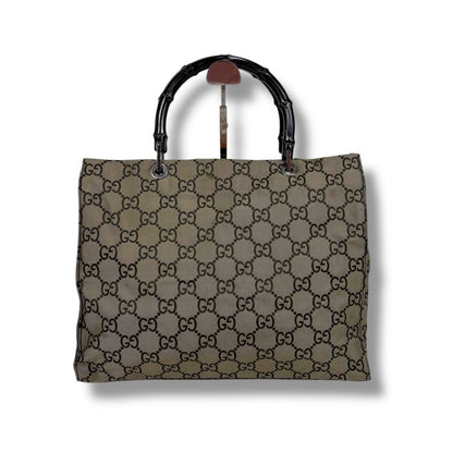 Gucci Tote Bag Bamboo Line GG Pattern Gray Black Nylon Canvas