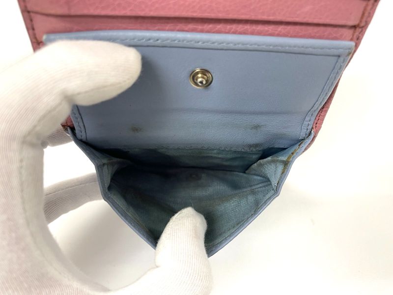 Prada Etiquette Calf Leather Compact Wallet Bifold Wallet Pink X Light Blue