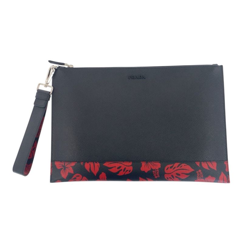 Prada Saffiano Floral Logo Black Red Silver Hardware Leather Clutch Bag Second