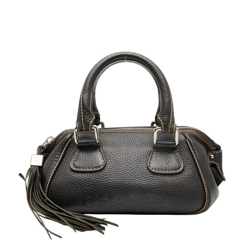 Chanel Logo Fringe Mini Boston Bag Handbag Black Caviar Skin Ladies Chanel