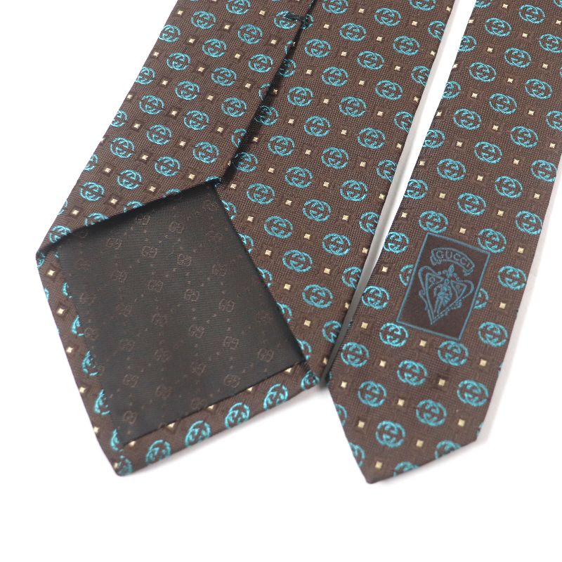 Gucci 100% Silk Interlocking G Total Pattern Cles St Logo Tie Wide Tie Brown