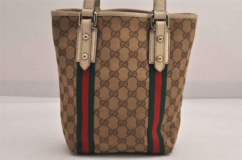 Gucci Web Sherry Line Tote Bag GG Canvas Leather 162898 Brown 7460m