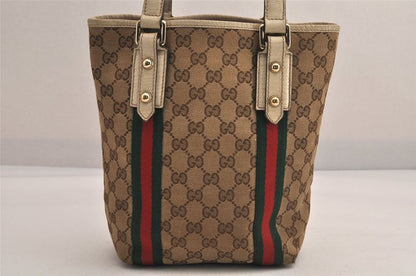 Gucci Web Sherry Line Tote Bag GG Canvas Leather 162898 Brown 7460m