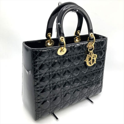 Dior Lady Dior Large Cannage Handbag Patent Leather Black Gold Hardware Women