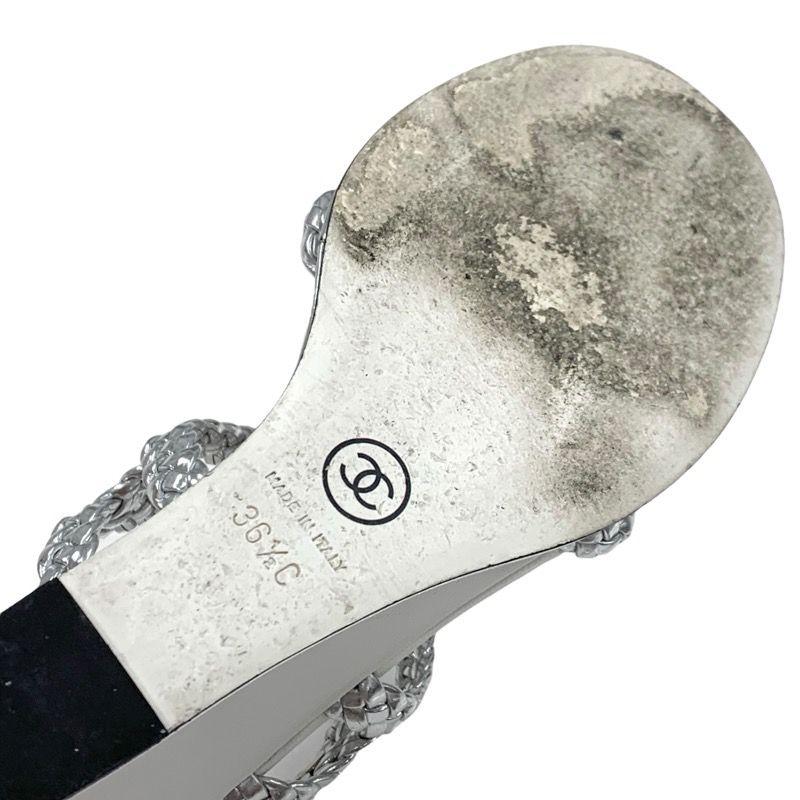 Chanel Sandals Shoes Leather Silver White Coco Mark Strap Wedge Sole