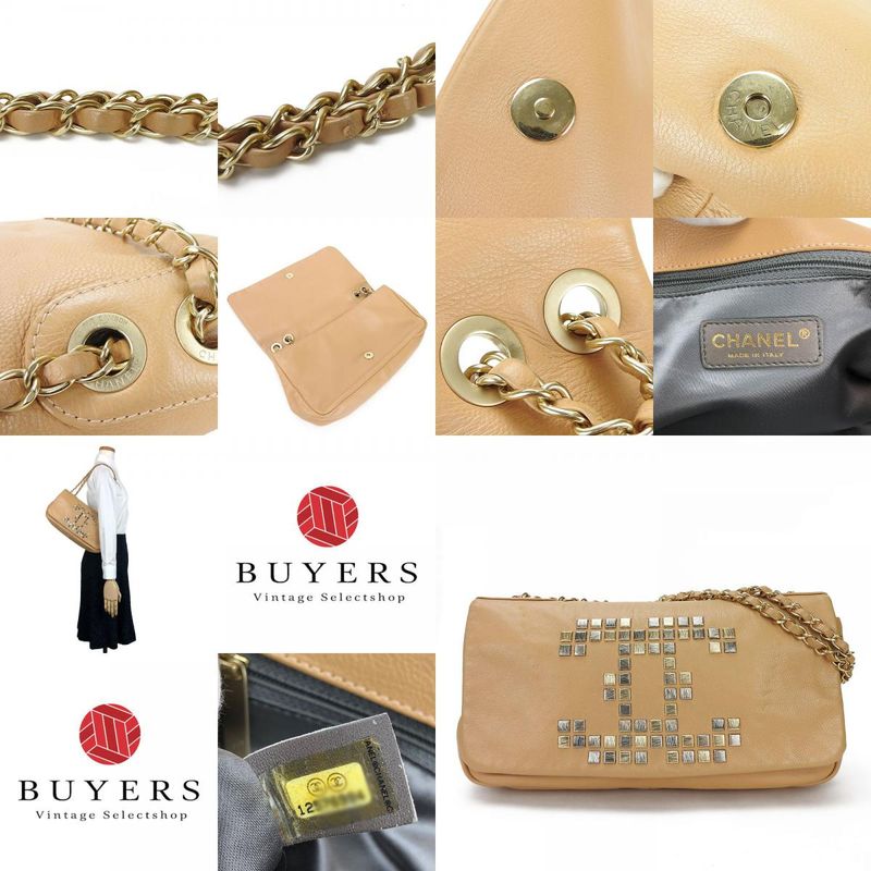 Chanel Shoulder Bag Chain Shoulder Coco Mark Leather Beige Studded Shoulder