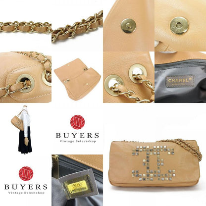 Chanel Shoulder Bag Chain Shoulder Coco Mark Leather Beige Studded Shoulder