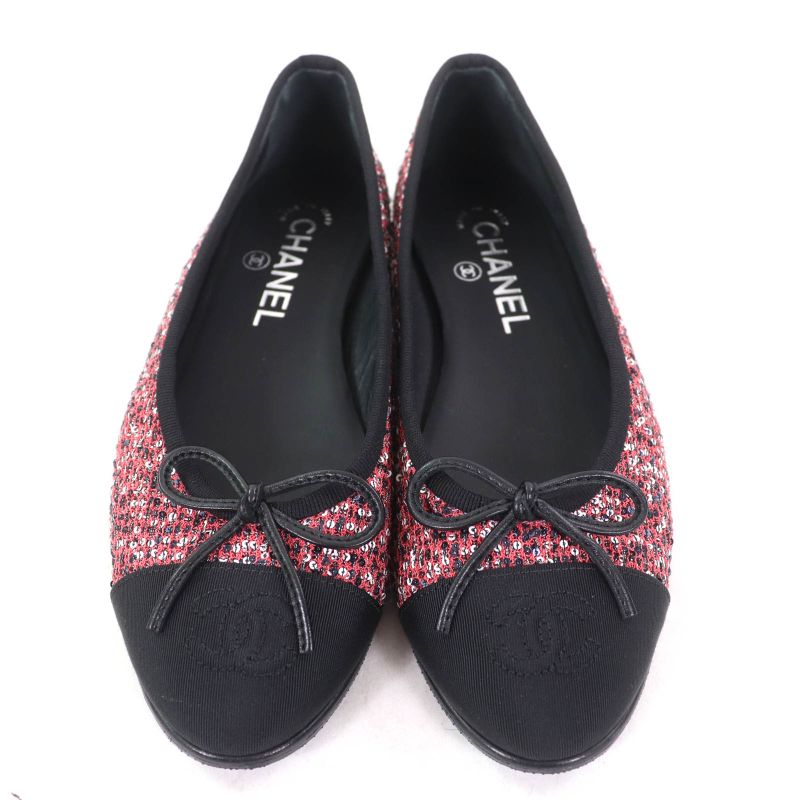 CHANEL G02819 Coco Mark Sequins Flat Shoes With Ribbon Pinkish 36.5 Storage