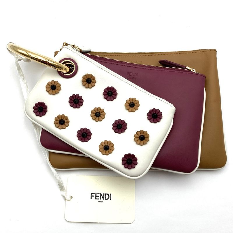 Fendi Triplet 8bs001a1fs Triplet Pouch Leather Clutch Bag Flower White/red/brown