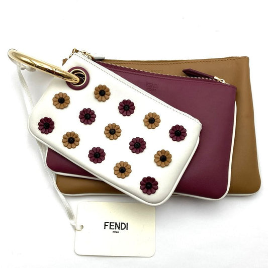 Fendi Triplet 8bs001a1fs Triplet Pouch Leather Clutch Bag Flower White/red/brown