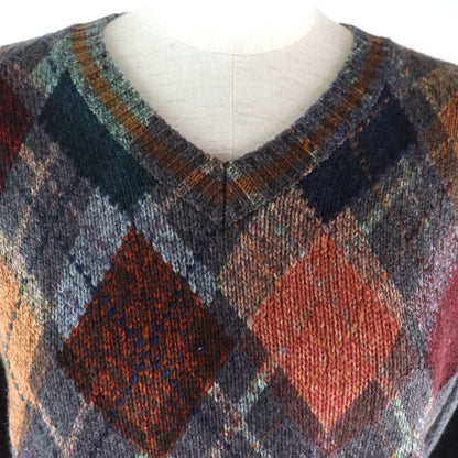 Christian DIOR 100% Cashmere Bee Embroidery Argyle Pattern V-neck Long Sleeves