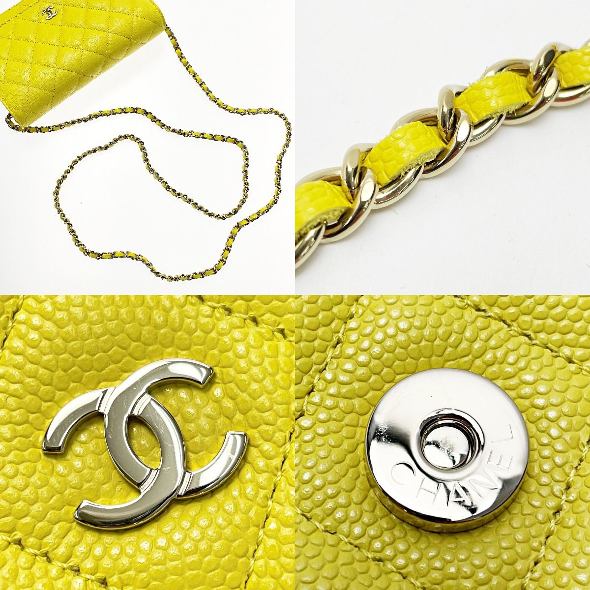 Chanel Matelasse Ap0250 Yellow Chain Wallet Shoulder Bag Caviar Skin Ladies
