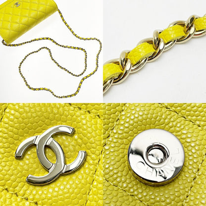 Chanel Matelasse Ap0250 Yellow Chain Wallet Shoulder Bag Caviar Skin Ladies