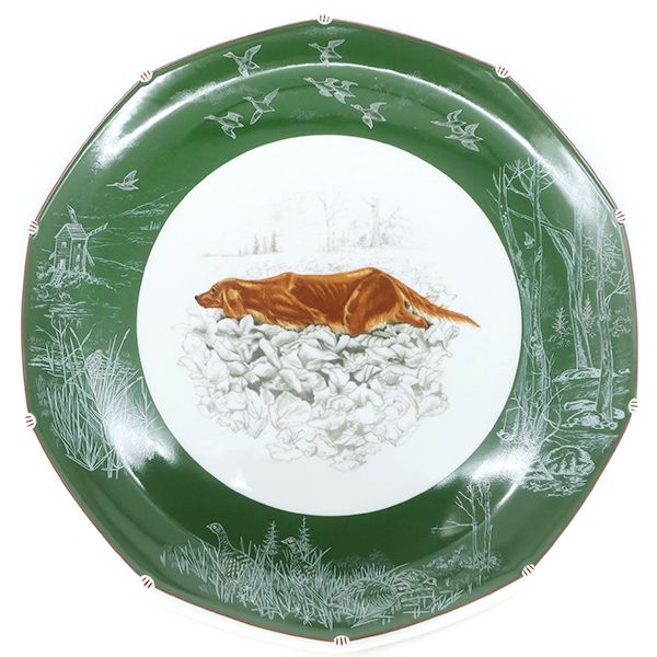 Hermes Tableware Chasse Green Dog Plate Porcelain White and Green Green Golden