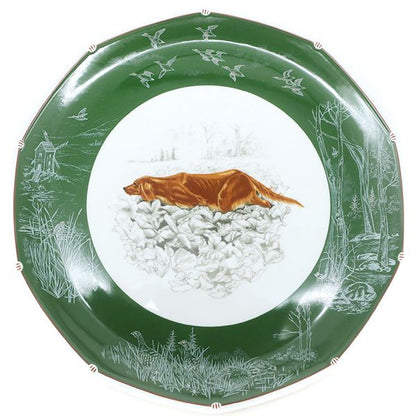 Hermes Tableware Chasse Green Dog Plate Porcelain White and Green Green Golden