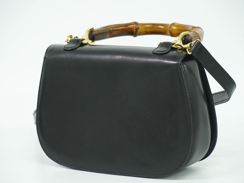 Authentic Gucci Bamboo 2WAY Shoulder Bag Handbag Pochette Leather Black Bamboo