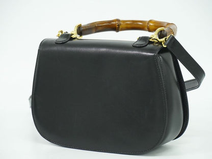 Authentic Gucci Bamboo 2WAY Shoulder Bag Handbag Pochette Leather Black Bamboo