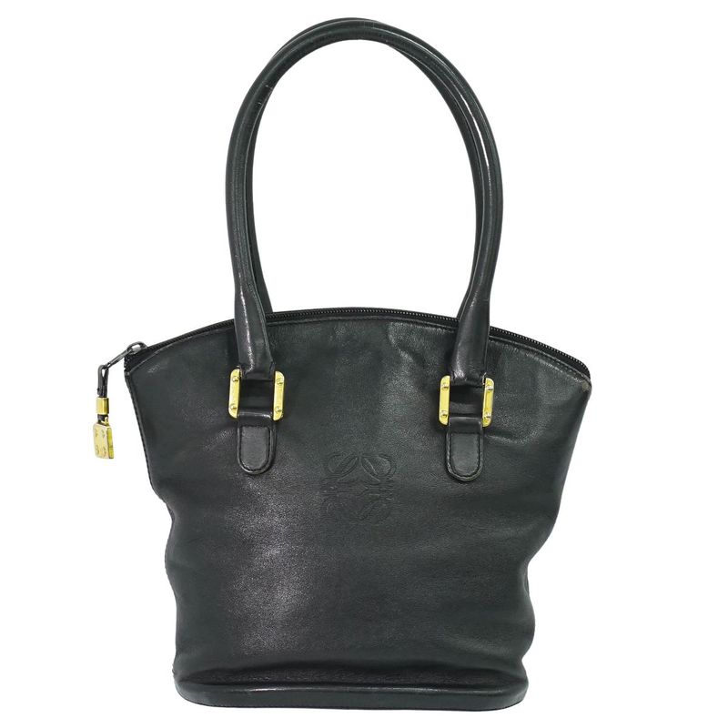 Authentic Loewe Anagram Tote Handbag Leather Black Anagram Bag Pre-owned