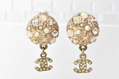 Chanel Earrings Chanel Circle Pearl Motif Logo Rhinestone Gold