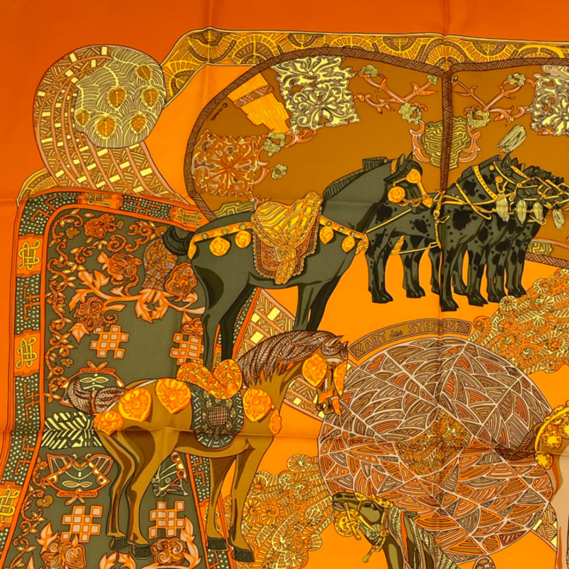 Hermes Carre 90 ART Des Steppes Step Art Horse Scarf Silk Orange