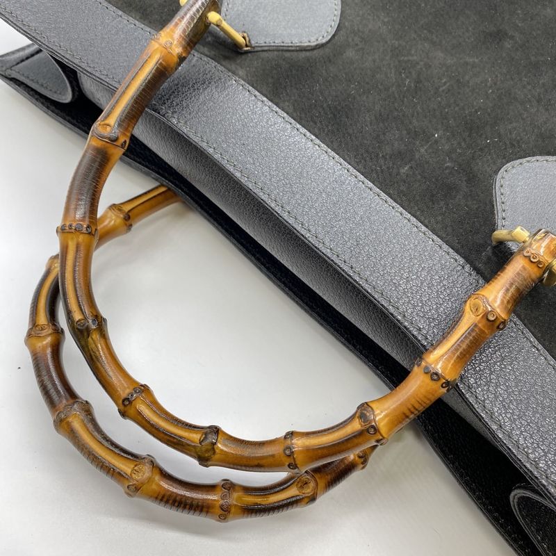 Gucci 002 853 Tote Bag Bamboo Suede Leather Black Ladies Men Vintage