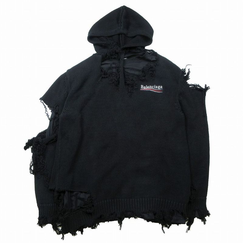 21aw Balenciaga 662718 T3212 Destroyed Knit Hoodie Black Campaign Logo XS