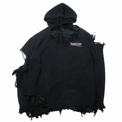 21aw Balenciaga 662718 T3212 Destroyed Knit Hoodie Black Campaign Logo XS