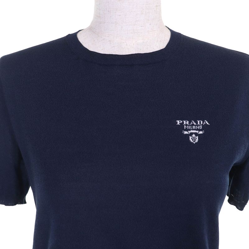 Prada 2023 P2401l Silk Cotton Logo Crew Neck Short Sleeve Knit Sweater Light