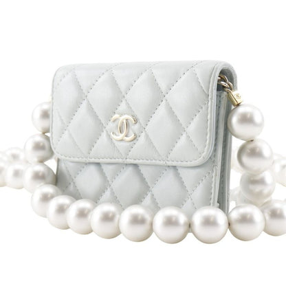 Chanel Pearl Strap Flap Wallet Matelasse Ap1838 Leather X Faux Pearl Light Blue