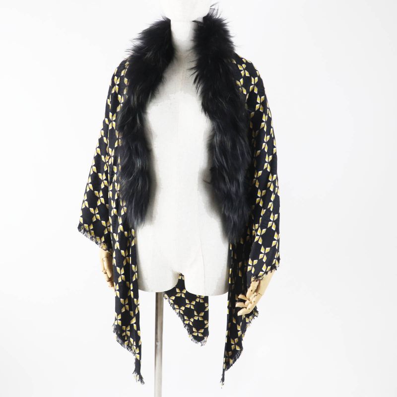 Fendi Fxt069 Silk Blend Raccoon Fur Zucca Pattern Scarf Black Yellow Beige