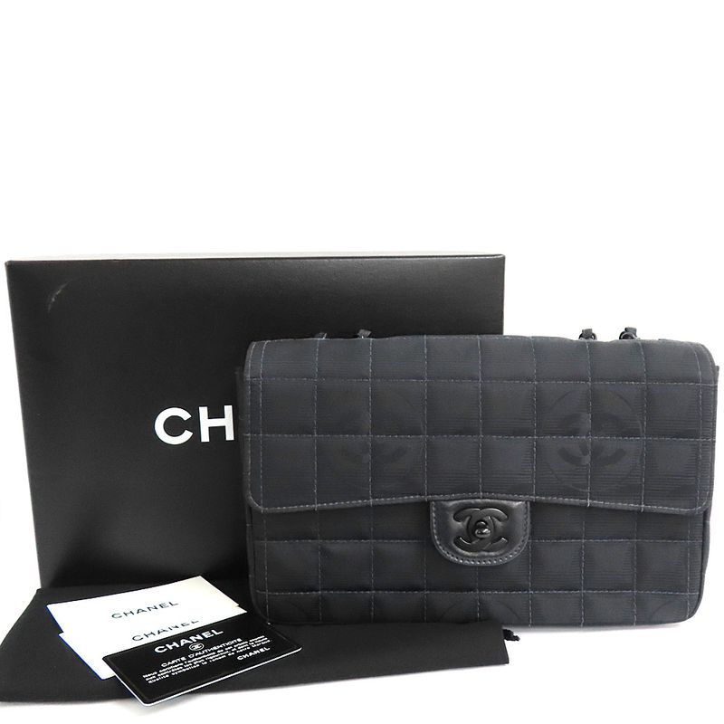 Chanel Vintage New Travel Line All Black Chain Shoulder Bag Black
