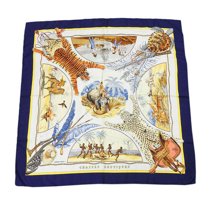 Hermes Scarf Carré 90 Silk Navy White Chasses Exotiques Accessories Women