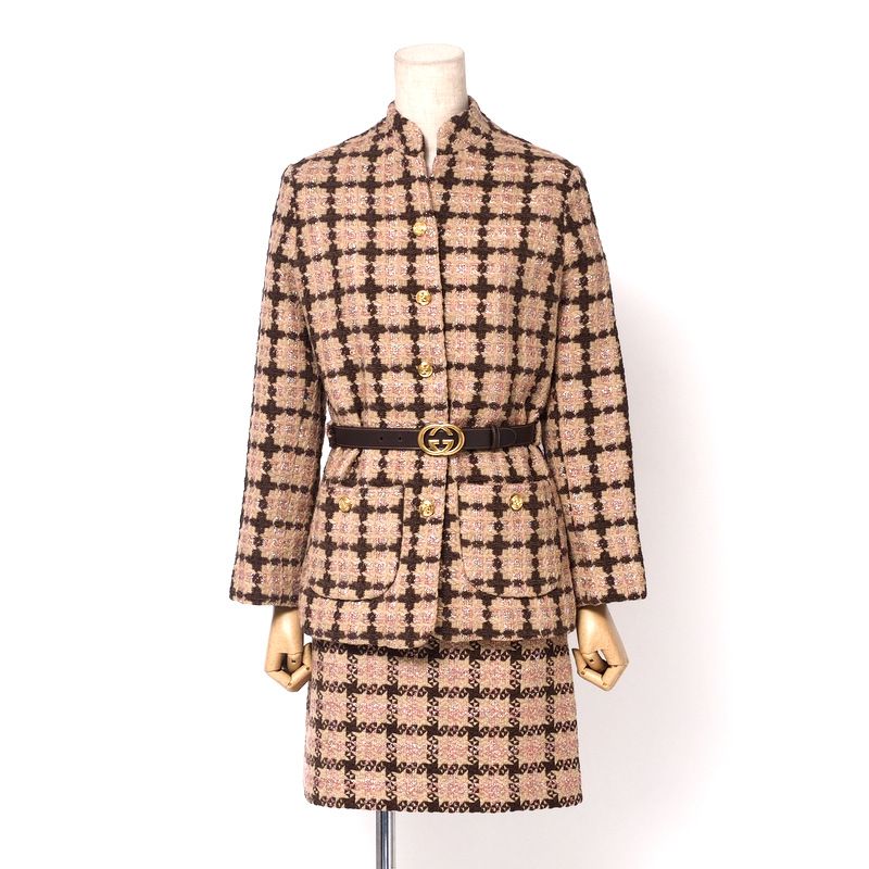 2022Gucci Skirt Suit Size 36 (155 80Y) GG Logo Gold Button Tweed