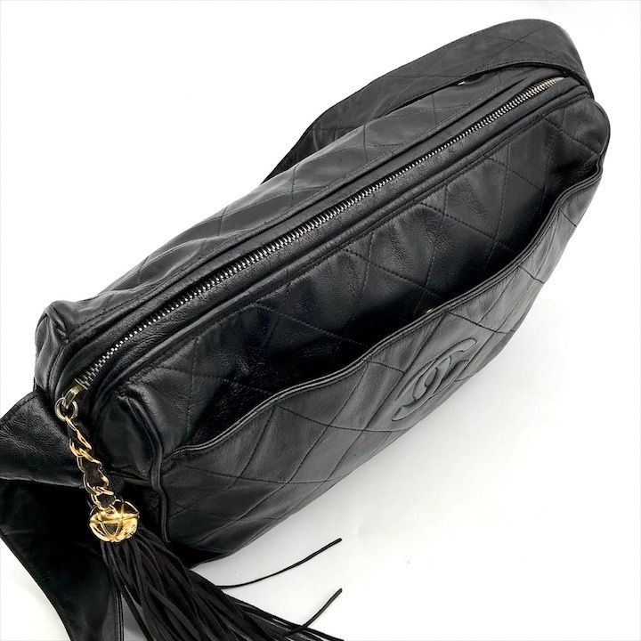 Chanel CC Logo Quilted Lambskin Fringe Shoulder Bag Crossbody Black