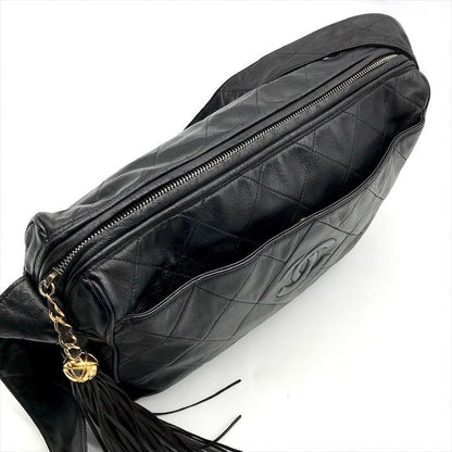 Chanel CC Logo Quilted Lambskin Fringe Shoulder Bag Crossbody Black