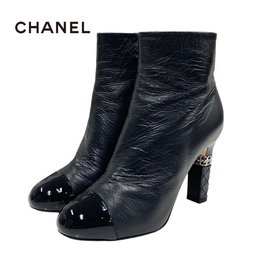 Chanel Boots Short Boots Shoes Leather Patent Black Silver Here Mark Chain