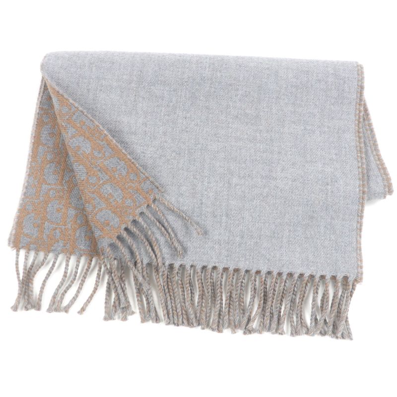 DIOR Homme Wool Cashmere Oblique Pattern Reversible Fringe Scarf Shawl Gray