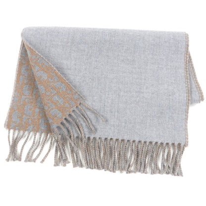 DIOR Homme Wool Cashmere Oblique Pattern Reversible Fringe Scarf Shawl Gray