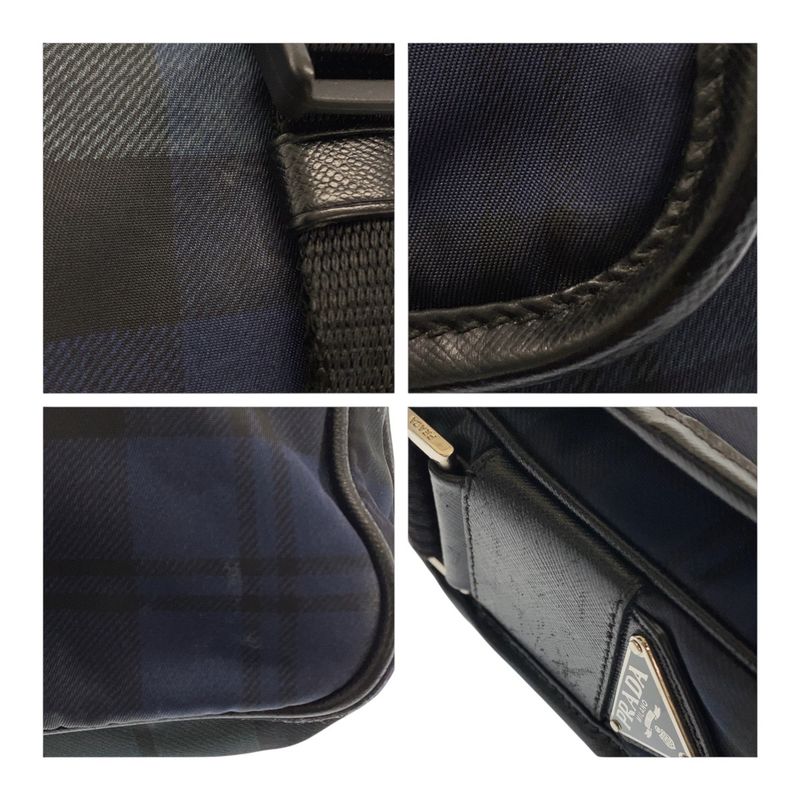 Prada Tessuto Triangle Logo Plate Checked Green Blue Black Silver Hardware